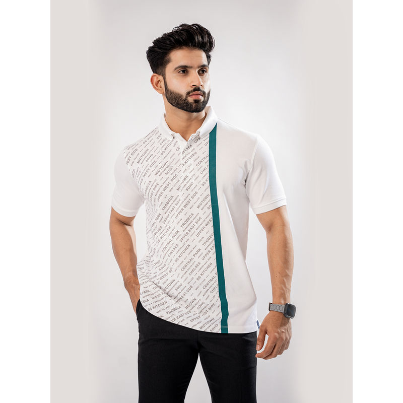 ROYALTAIL White Printed Stylish Collar Neck Half Sleeves Premium Cotton Polo T-shirt For Men (S)