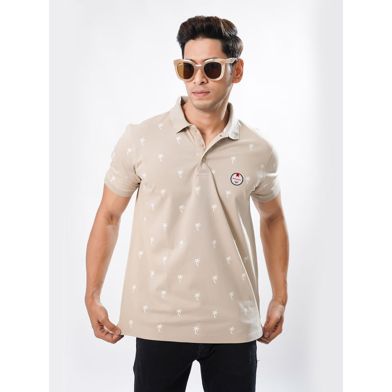 ROYALTAIL Beige Printed Stylish Collar Neck Half Sleeves Premium Cotton Polo T-shirt For Men (XL)