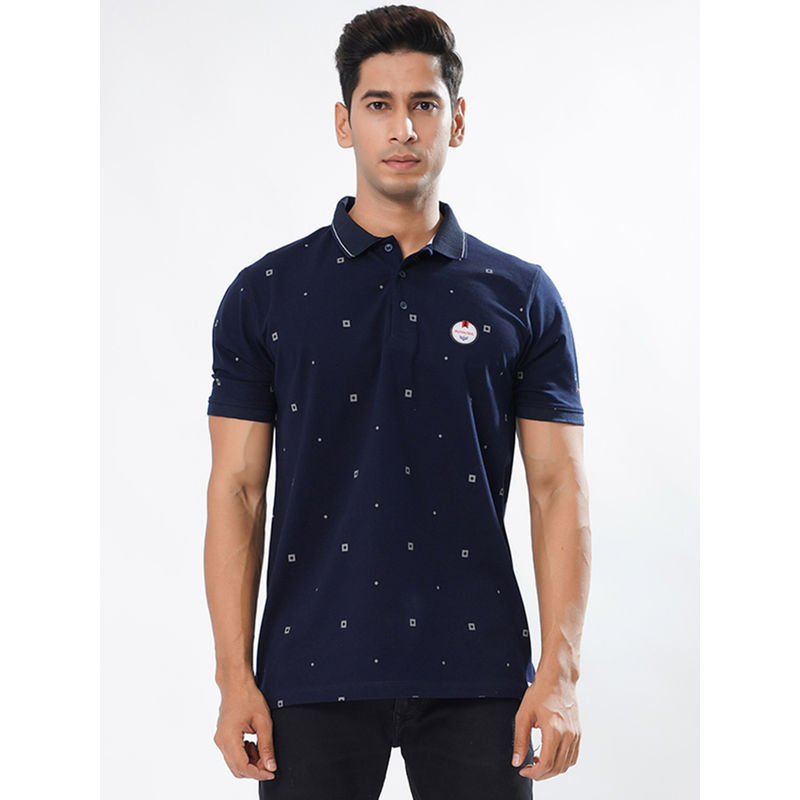 ROYALTAIL Navy Blue Printed Stylish Collar Neck Half Sleeves Premium Cotton Polo T-shirt For Men (S)