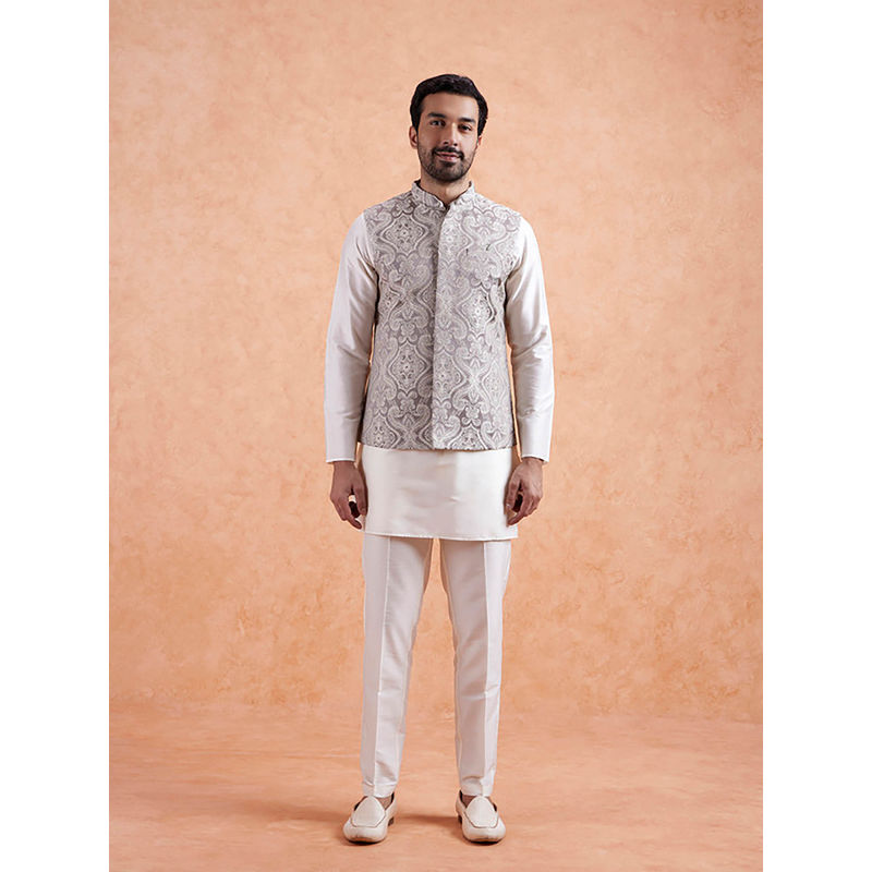 KISAH Men Grey Ethnic Motifs Mid Length Kurta and Pant with Nehru Jacket (38)