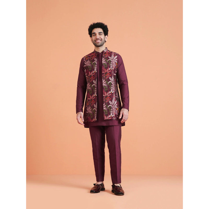 KISAH Men Wine Floral Mid Length Kurta and Trouser with Front Open Long Jacket (38)