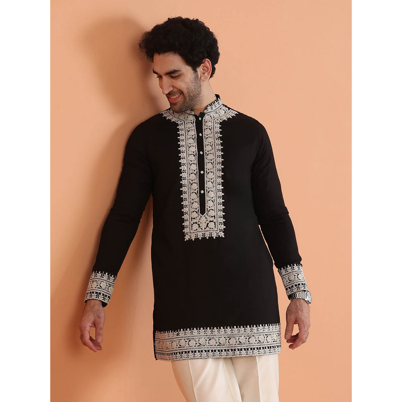 KISAH Men Black Cotton Silk Traditional Ethnic Wear Kurta (40)