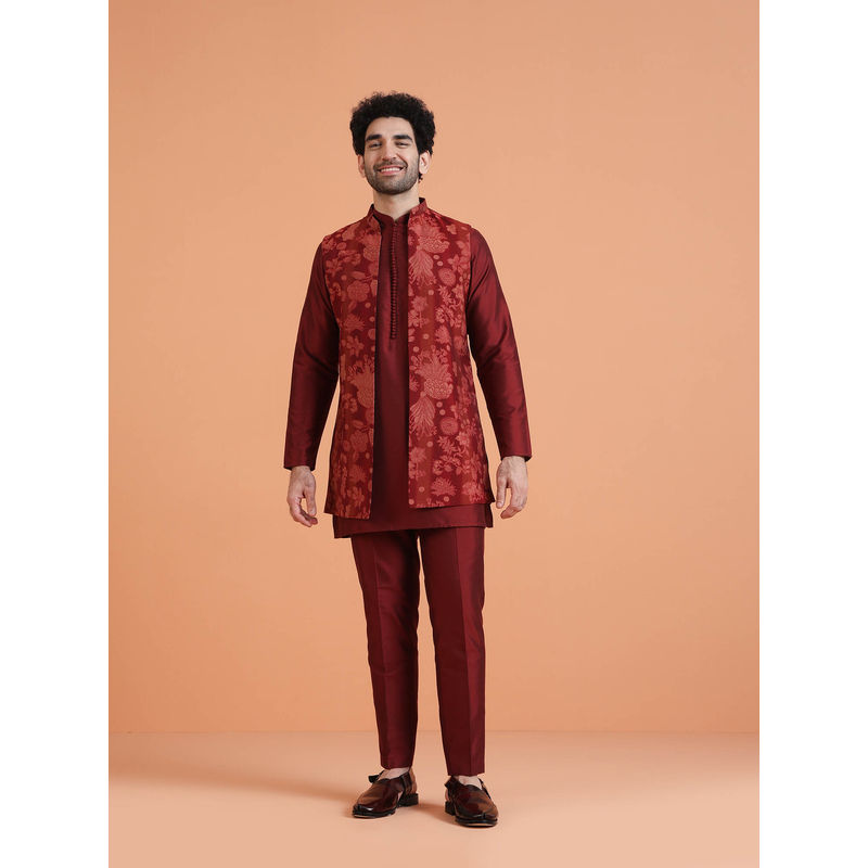 KISAH Men Maroon Silk Blend Mid Length Kurta with Pant and Front Open Long Jacket (38)