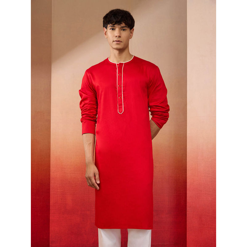 Vastramay Red Cotton Millennium Kurta with Lace Details for Men (40)