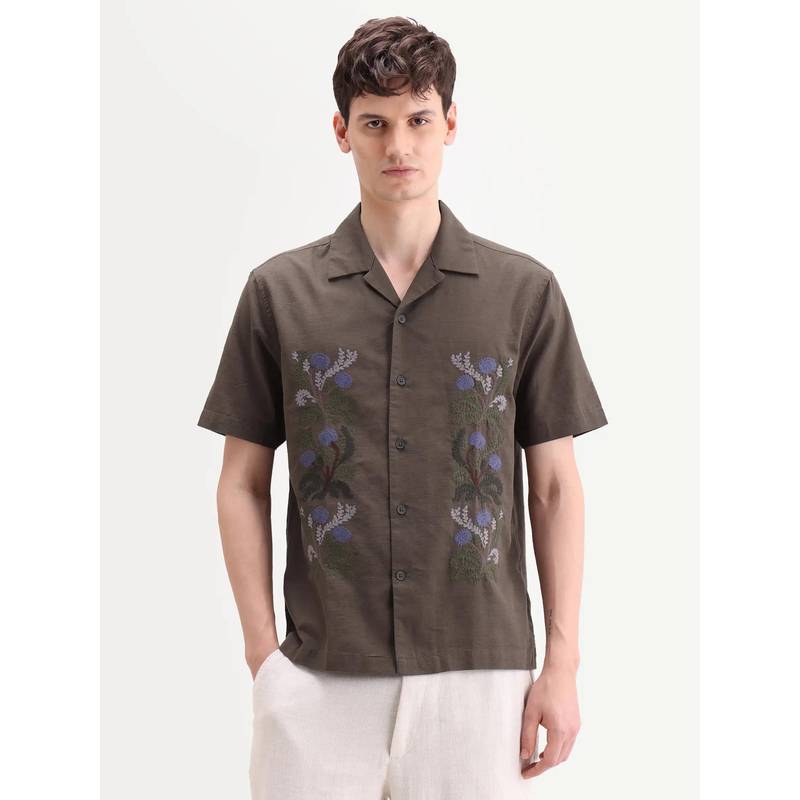 Rare Rabbit Olive Embroidered Collar Neck Shirt (S)