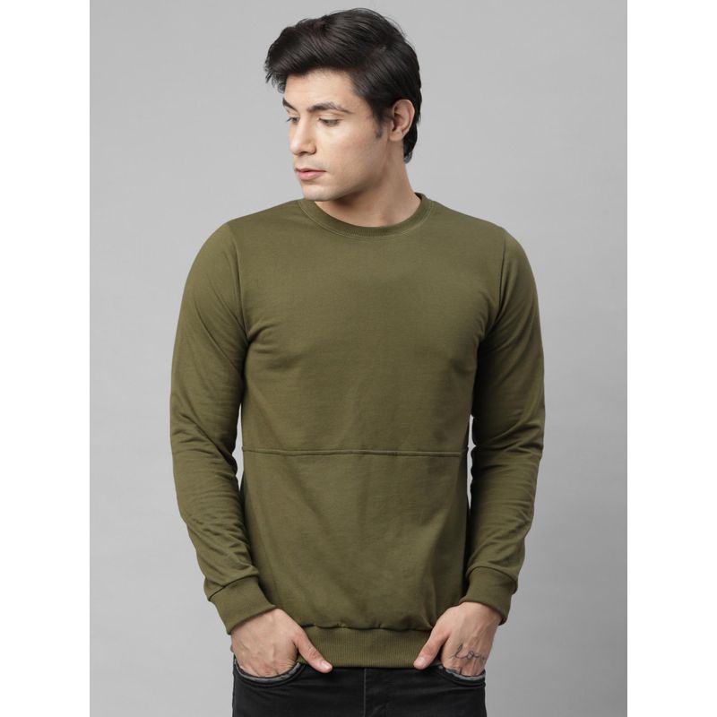 RIGO Men Olive Solid Round Neck Terry Sweatshirt (L)