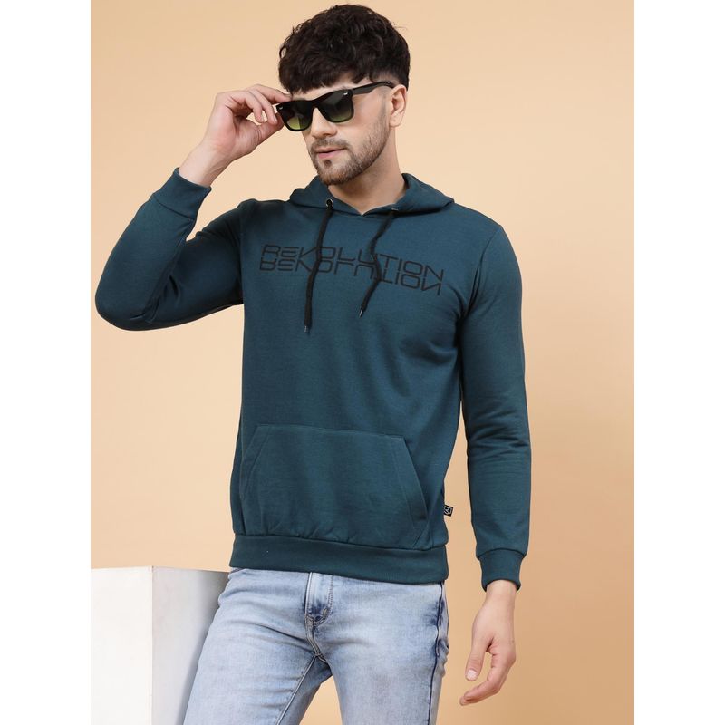 RIGO Men Teal Printed Fleece Hoodie (L)