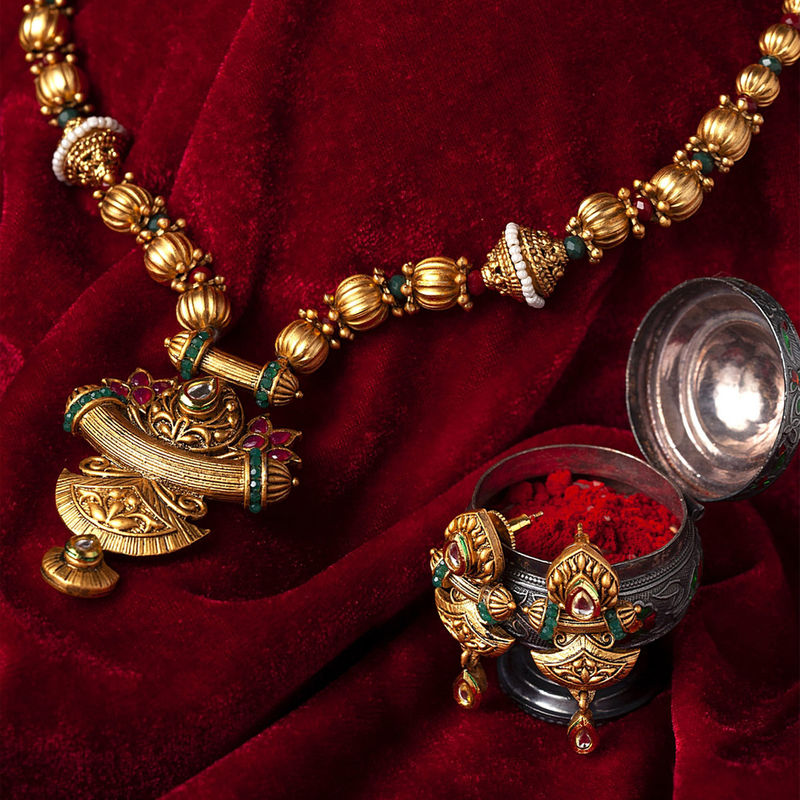 PANASH Goldplated Red Green Stonestudded Beaded Sustainable Antique