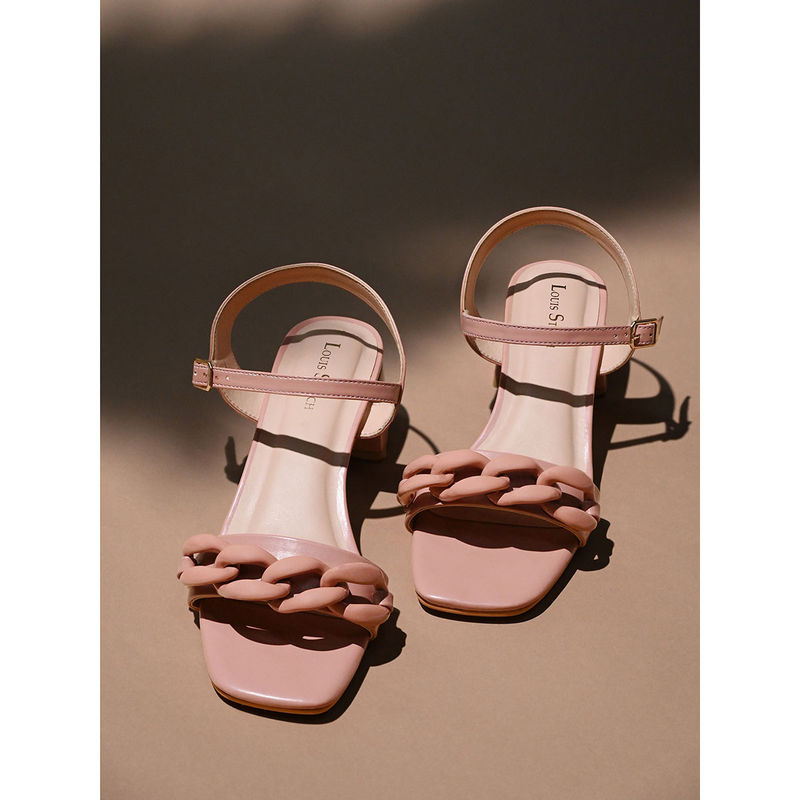 Louis Stitch Women Nude Pink Block Heel Buckle Strap Sandals(UK 3)