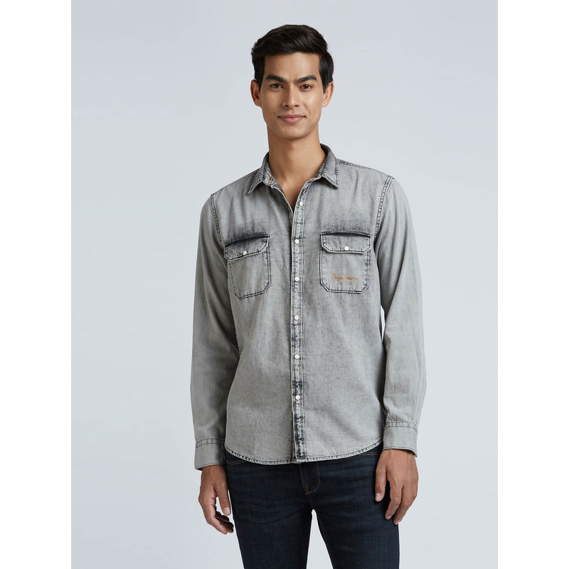 Pepe Jeans Blue Double Flap Pockets Denim Long Sleeve Shirt (S)