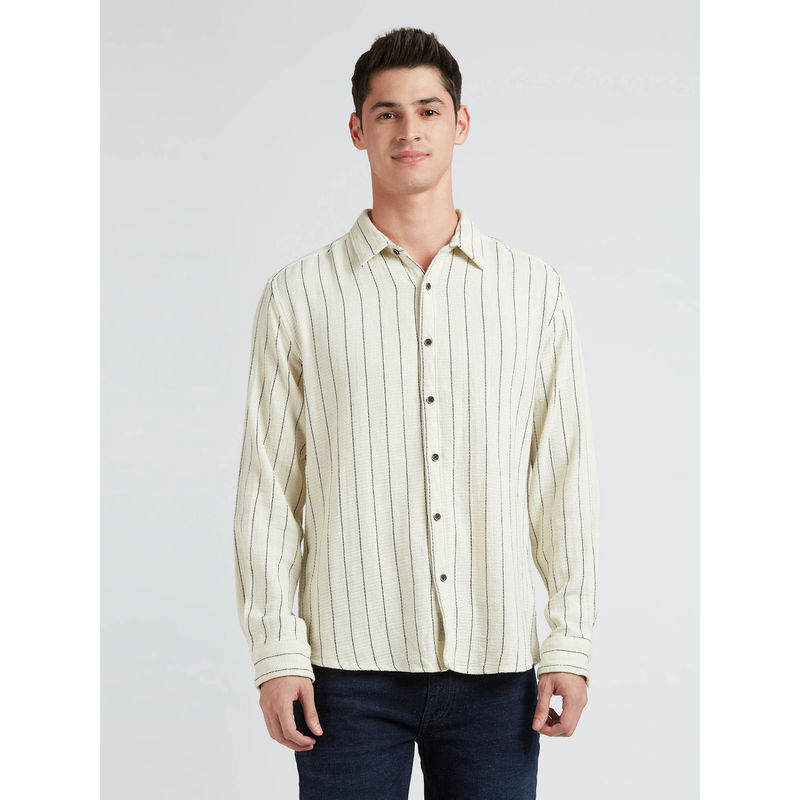 Pepe Jeans Off White Stripes Full Sleeved Shirt (XL)