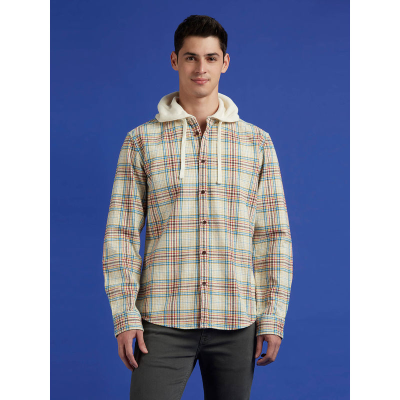 Pepe Jeans White Checks Full Sleeve Hooded Shirt (M)