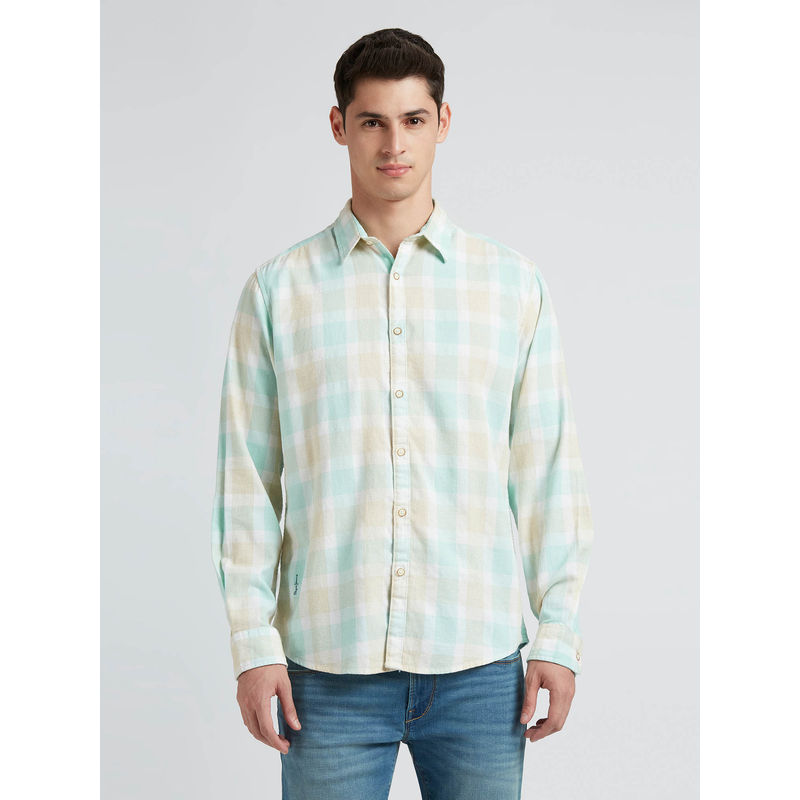 Pepe Jeans Aqua Blue Checks Full Sleeve Shirt (S)