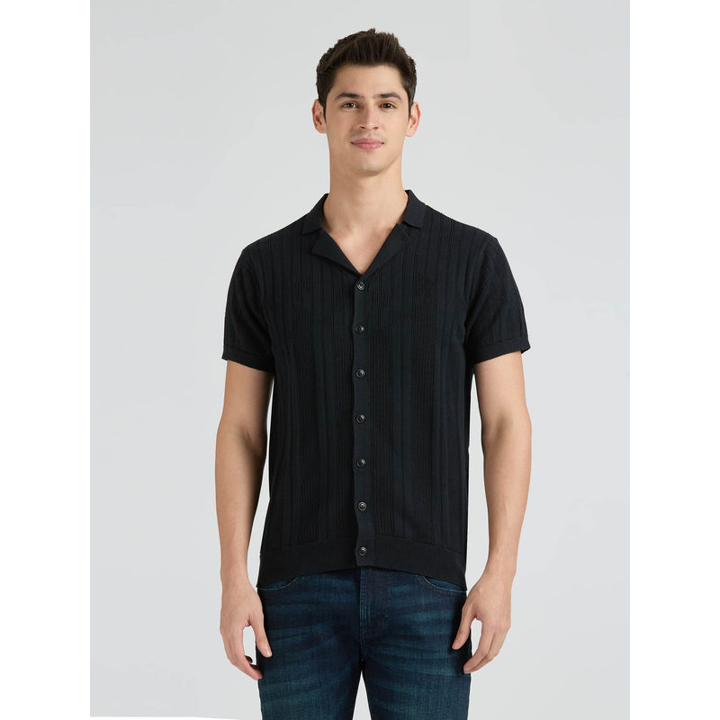 Pepe Jeans Black Ribbed Collar Full Sleeve Flat Knit Shirt (M)