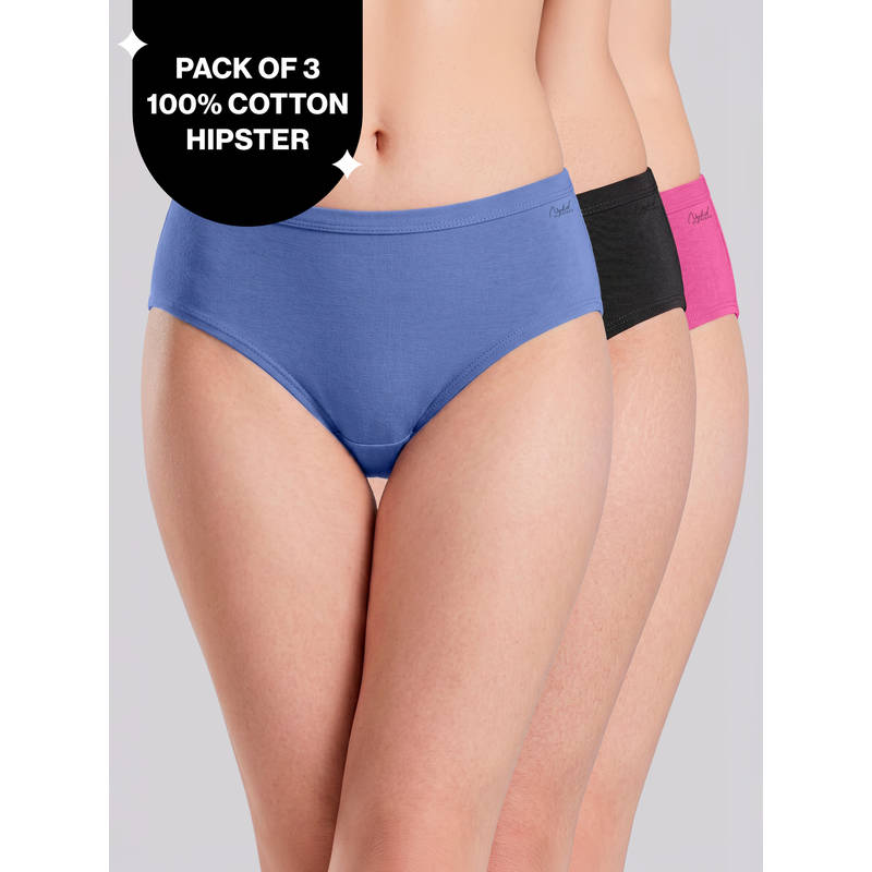 PO3 Mid Rise 100% Cotton Hipster Panty with Inner Elastic -NYP451 W.Blue,Black,Hot Pink (M)