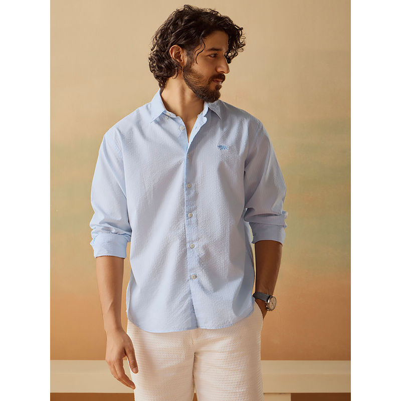 Andamen Men Blue Casual Cotton Seesucker Relaxed Fit Shirt (L)