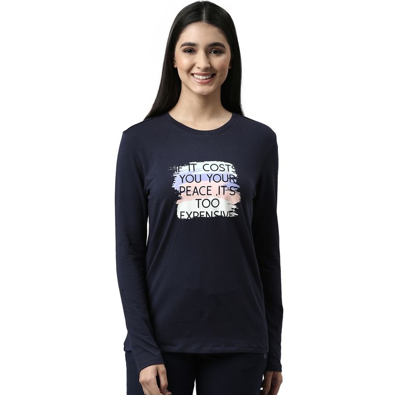 Enamor Womens Essentials E057-Long Sleeve Round Neck Cotton Lounge Tshirt-Navy (L)