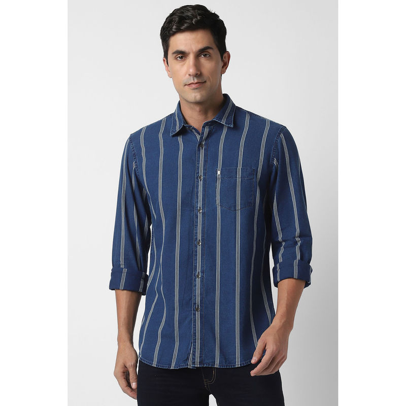 Peter England Men Navy Stripe Full Sleeves Casual Shirt (39)