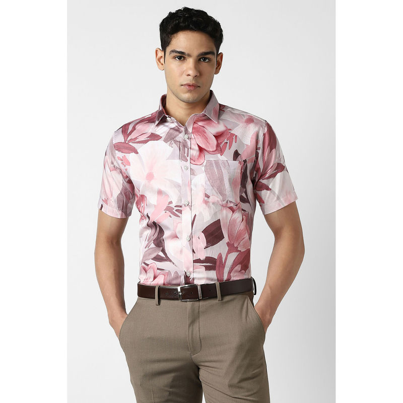 Van Heusen Men Pink Print Half Sleeves Party Shirt (40)