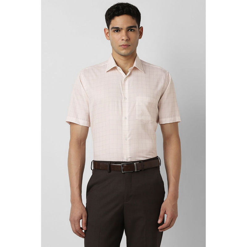 Van Heusen Men Beige Check Half Sleeves Wedding Shirt (38)