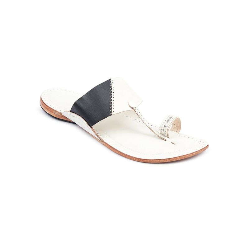 Korakari Stylish Men Black & White Kolhapuri Chappal with Kapshi Shape (UK 11)