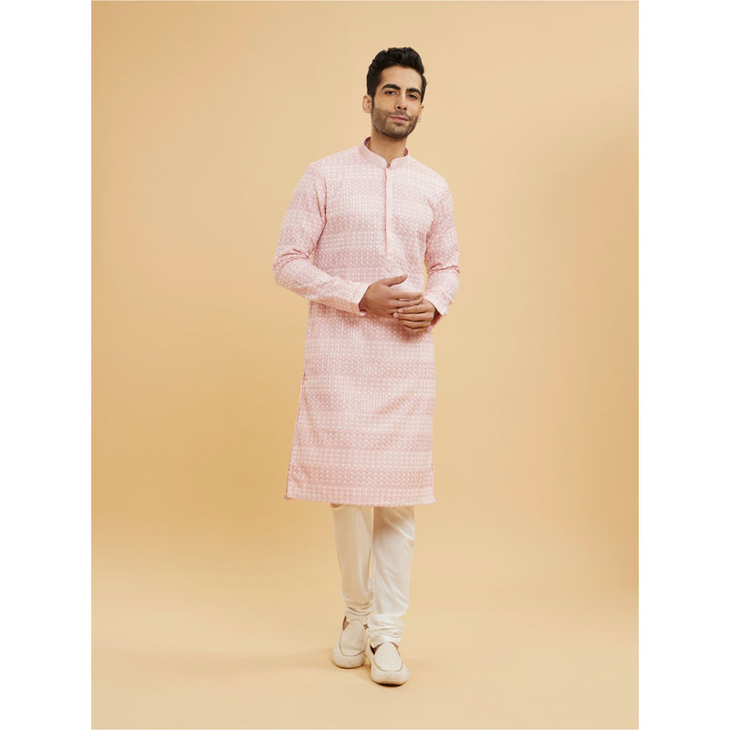 Twamev Millennial Pink Chikankari Grid Patterned Kurta With Churidar For Men (M)
