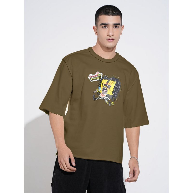 SHOWOFF Men Olive Cotton Blend Graphic Crew Neck T-Shirt (M)