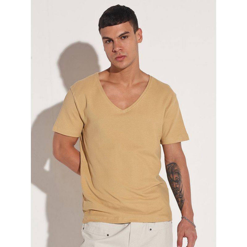 SHOWOFF Men Beige Cotton Solid V-Neck T-Shirt (L)