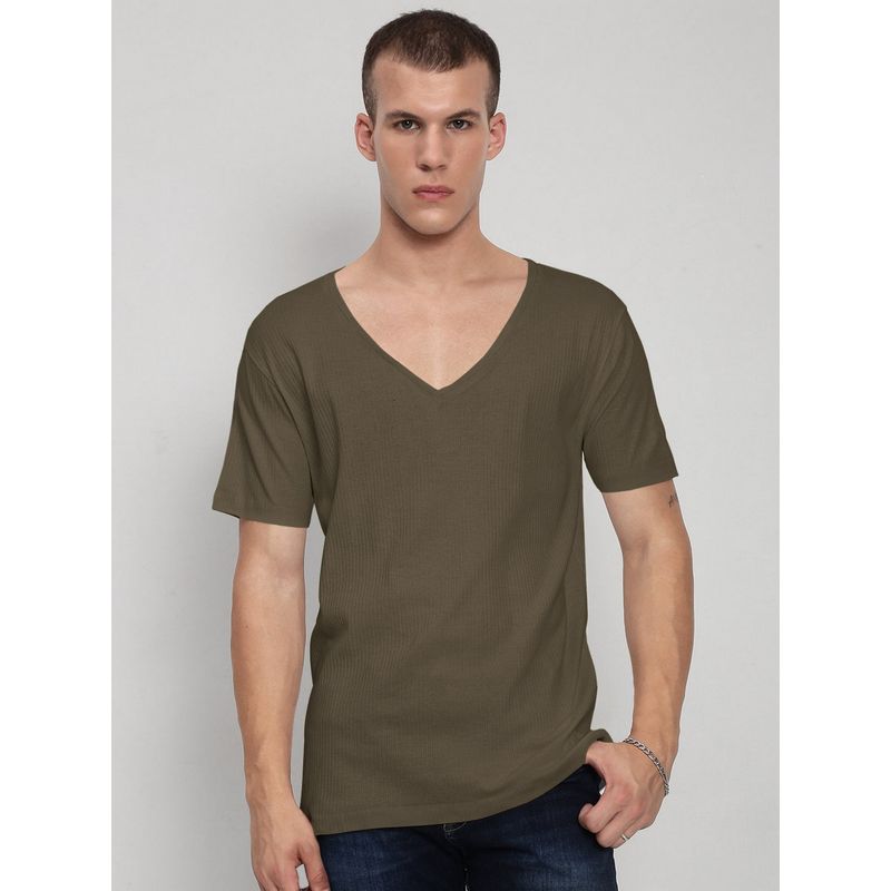SHOWOFF Men Olive Cotton Textured V-Neck T-Shirt (2XL)