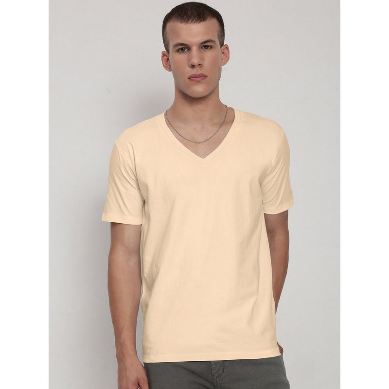 SHOWOFF Men Cream Cotton Solid V-Neck T-Shirt (S)