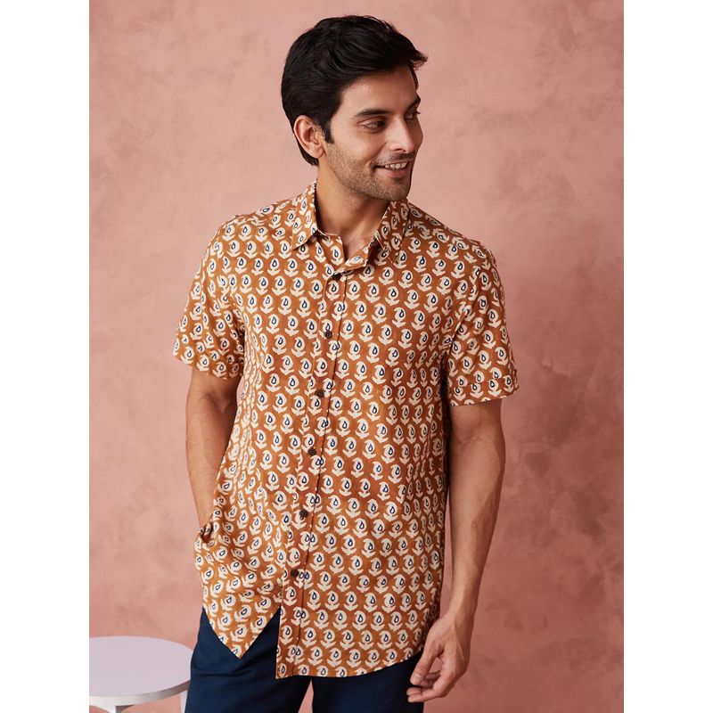 Fabindia Men Cotton Printed Comfortable Fit Mustard Shirt (S)