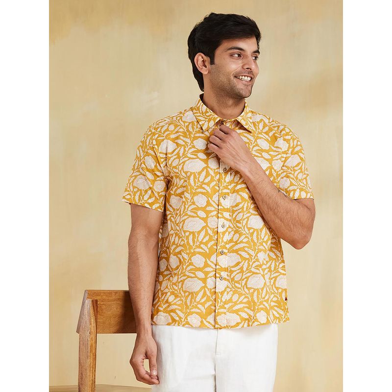 Fabindia Men Cotton Floral Straight Fit Yellow Shirt (XS)