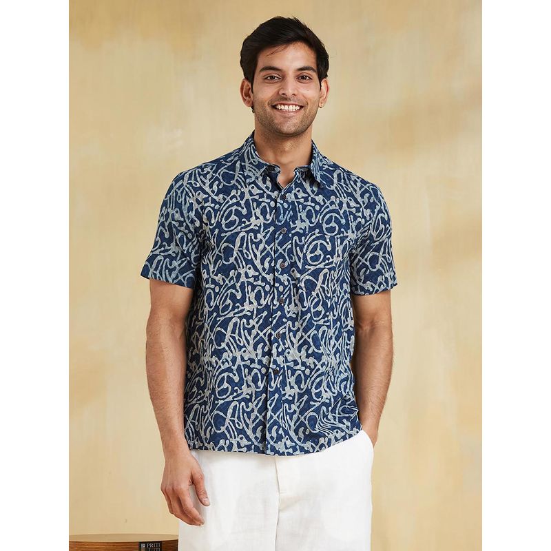 Fabindia Men Cotton Printed Straight Fit Blue Shirt (XS)
