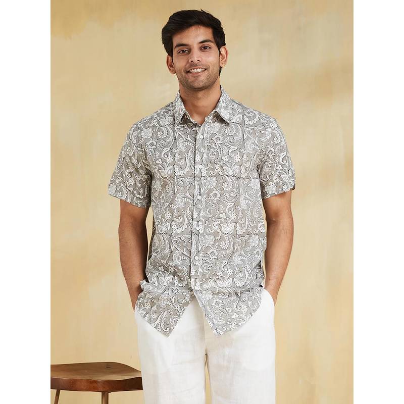 Fabindia Men Cotton Floral Comfortable Fit Grey Shirt (S)