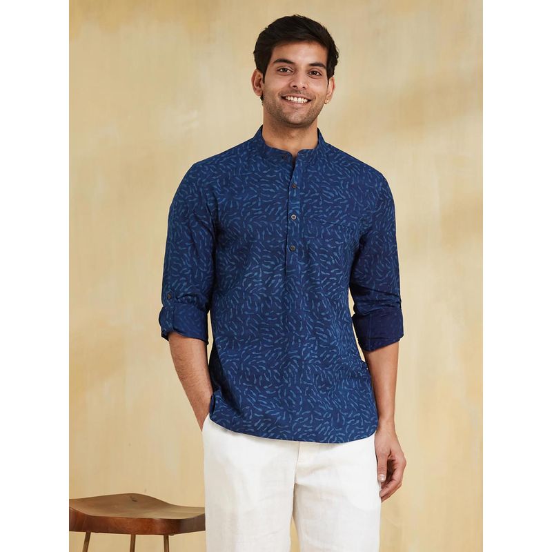 Fabindia Men Cotton Printed Slim Fit Blue Shirt (XS)