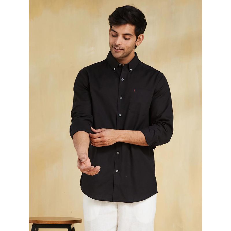 Fabindia Men Cotton Solid Comfortable Fit Black Shirt (S)