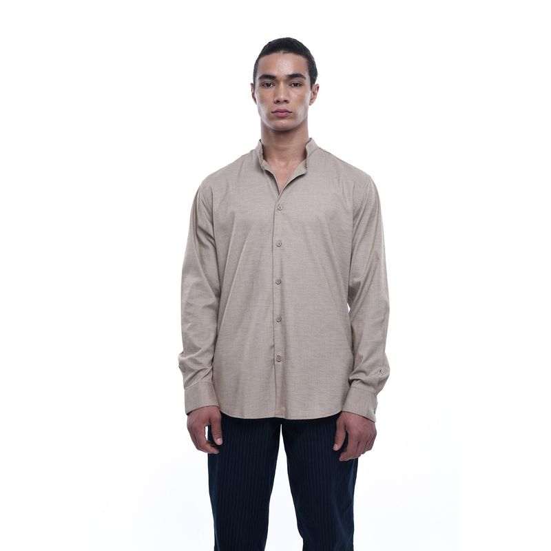 TAILORAEDGE Men Blended Fabric Solid Tailored Fit Beige Shirt (L)