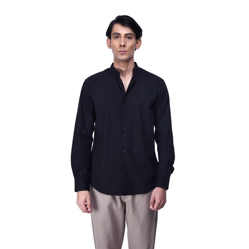 TAILORAEDGE Men Blended Fabric Solid Tailored Fit Black Shirt (XS)