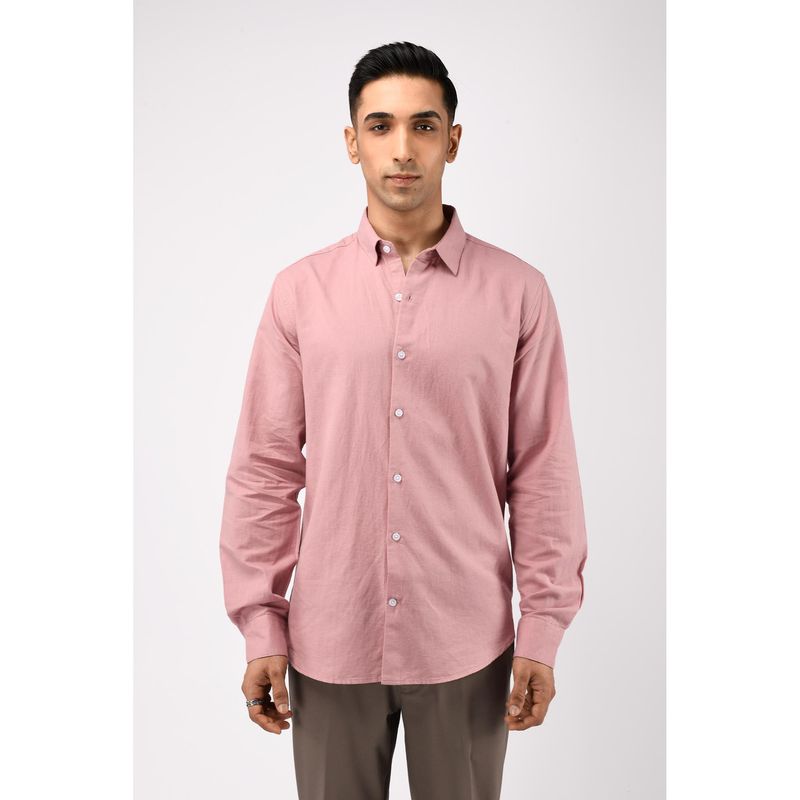 TAILORAEDGE Men Cotton Linen Solid Tailored Fit Pink Shirt (L)