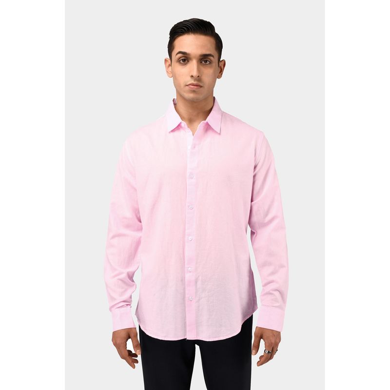 TAILORAEDGE Men Cotton Linen Solid Tailored Fit Pink Shirt (L)