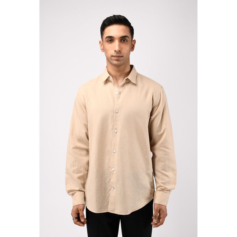 TAILORAEDGE Men Cotton Linen Solid Tailored Fit Beige Shirt (L)