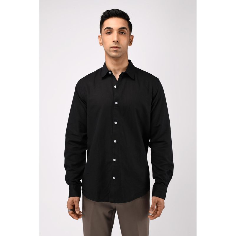 TAILORAEDGE Men Cotton Linen Solid Tailored Fit Black Shirt (M)