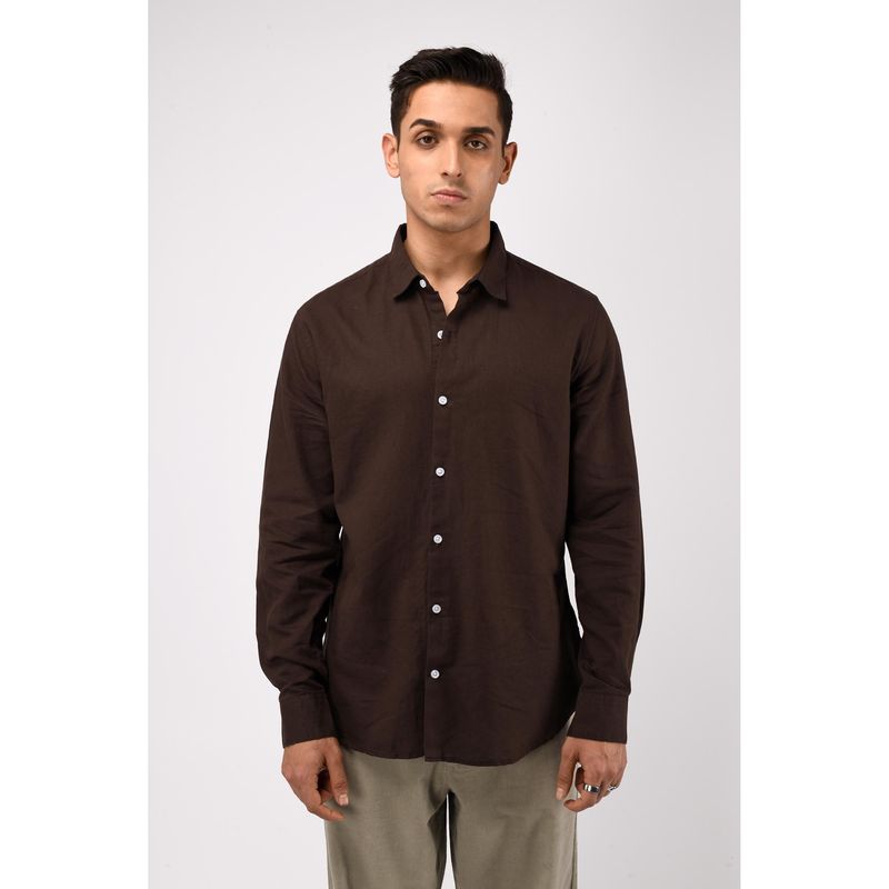 TAILORAEDGE Men Cotton Linen Solid Tailored Fit Brown Shirt (M)