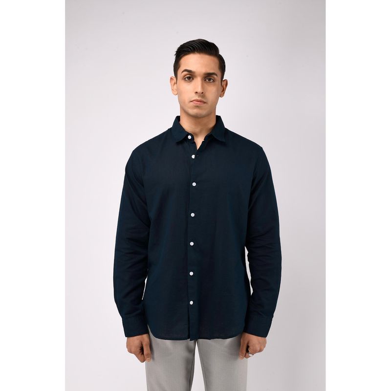 TAILORAEDGE Men Cotton Linen Solid Tailored Fit Navy Blue Shirt (M)