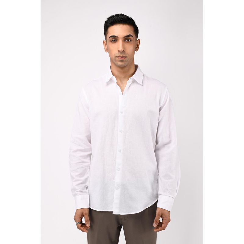 TAILORAEDGE Men Cotton Linen Solid Tailored Fit White Shirt (L)