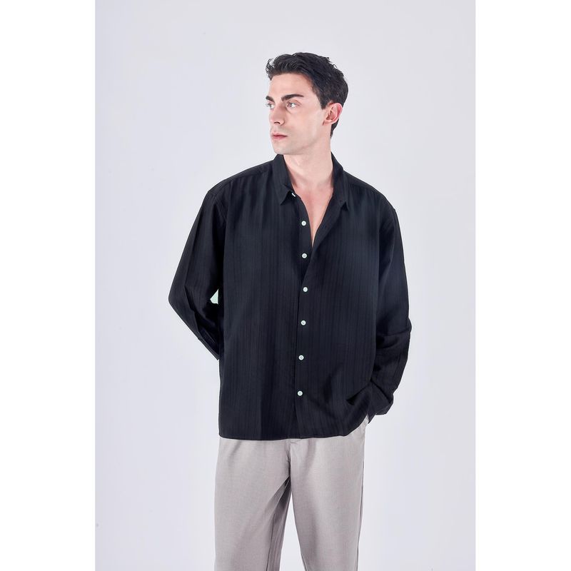 TAILORAEDGE Men Blended Fabric Stripes Relaxed Fit Black Shirt (L)