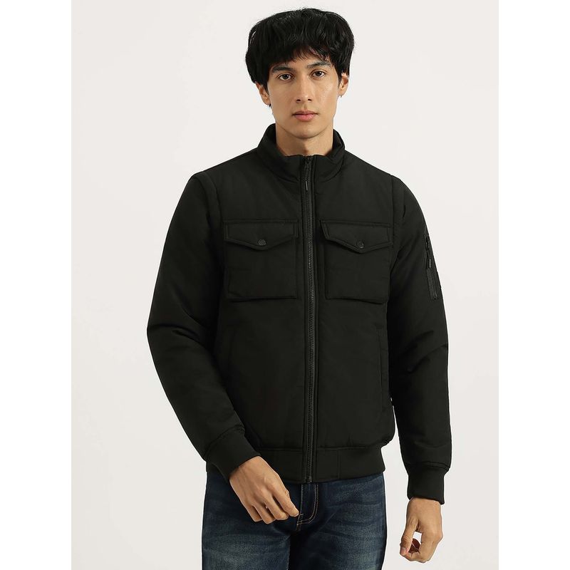 United Colors of Benetton Black Regular Fit High Neck Solid Utility Wadded Jacket (XL)