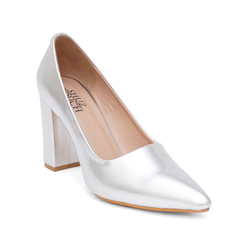block heel silver pumps