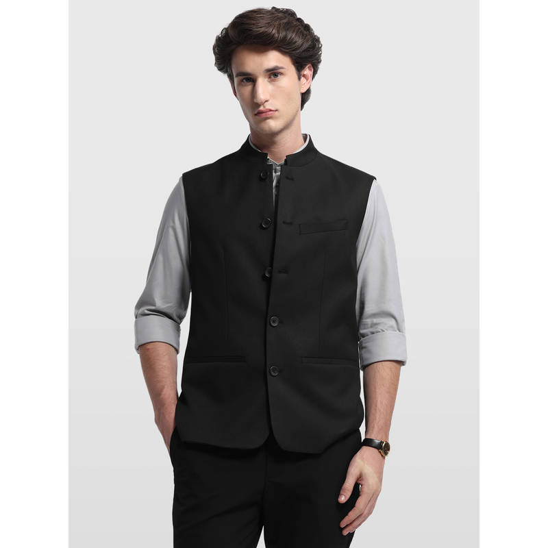 Arrow Mens Black Solid/Plain Polyester Nehru Jacket (36)