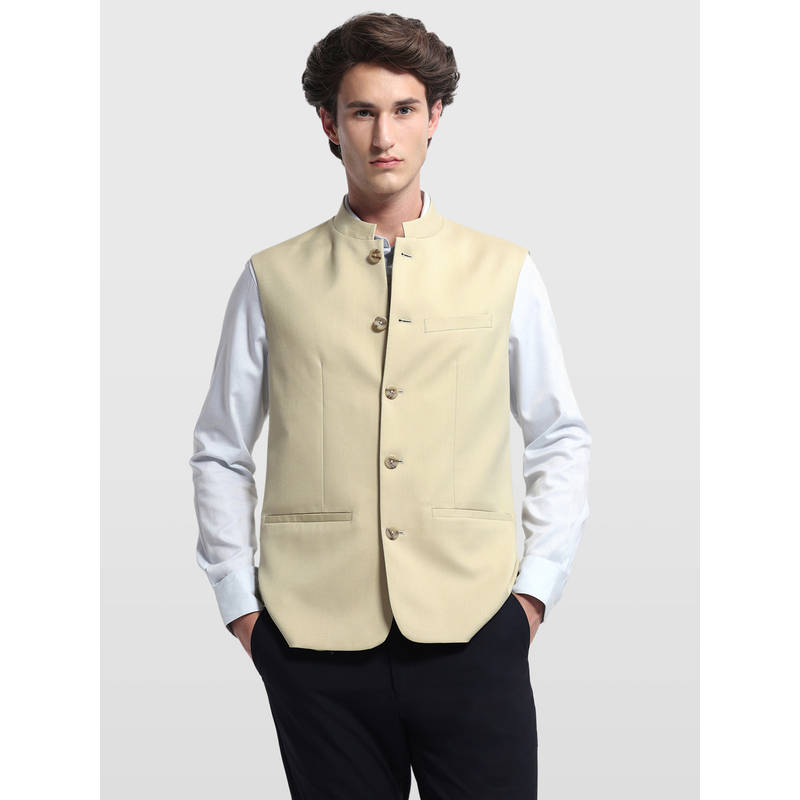 Arrow Mens Beige Solid/Plain Polyester Nehru Jacket (46)